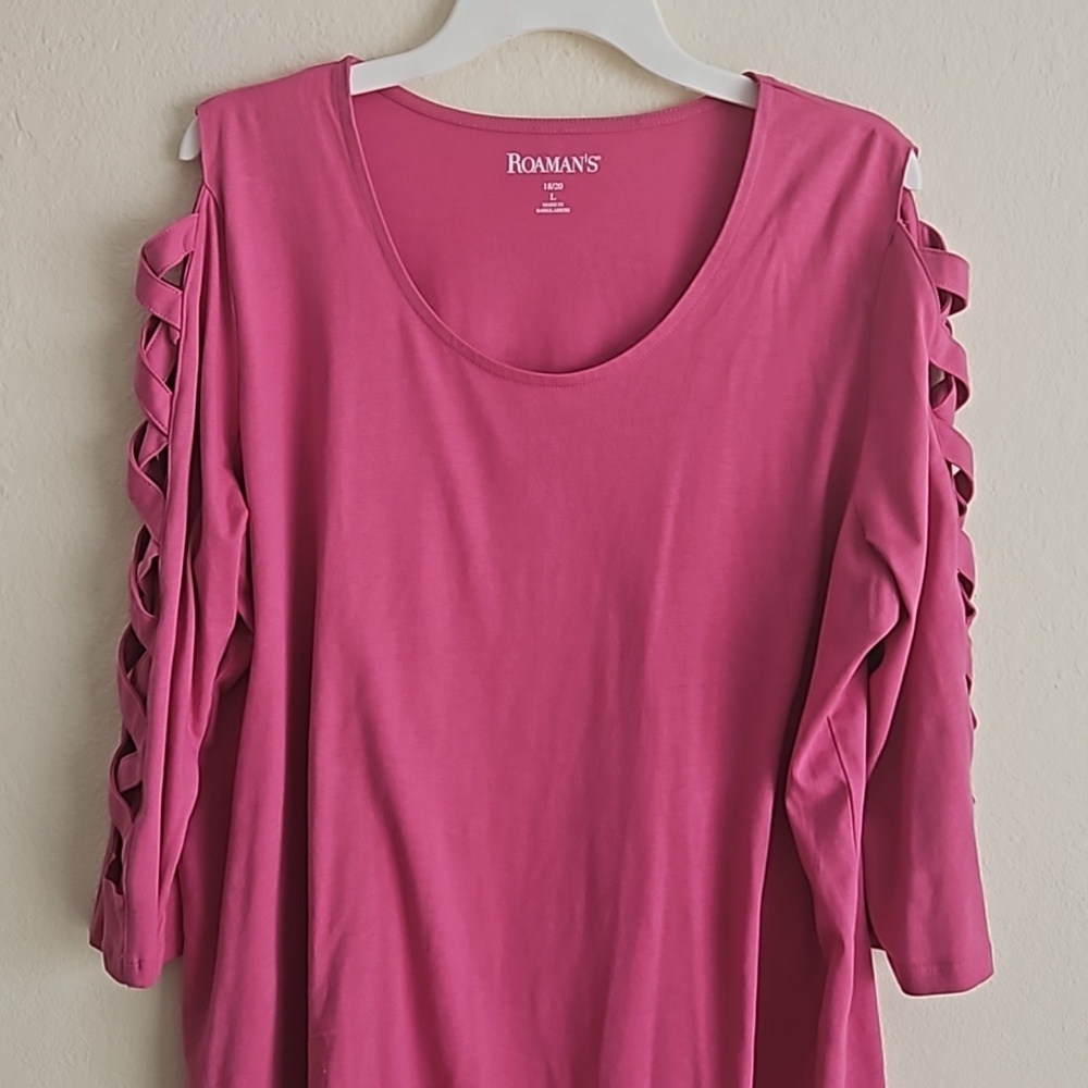 Roamans L Soft long Tunic, pink, lattice sleeve shirt, 3/4 Sleeve